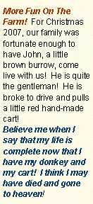 Text Box: More Fun On The Farm!  For Christmas 2007, our family was fortunate enough to have John, a little brown burrow, come live with us!  He is quite the gentleman!  He is broke to drive and pulls a little red hand-made cart! Believe me when I say that my life is complete now that I have my donkey and my cart!  I think I may have died and gone to heaven!